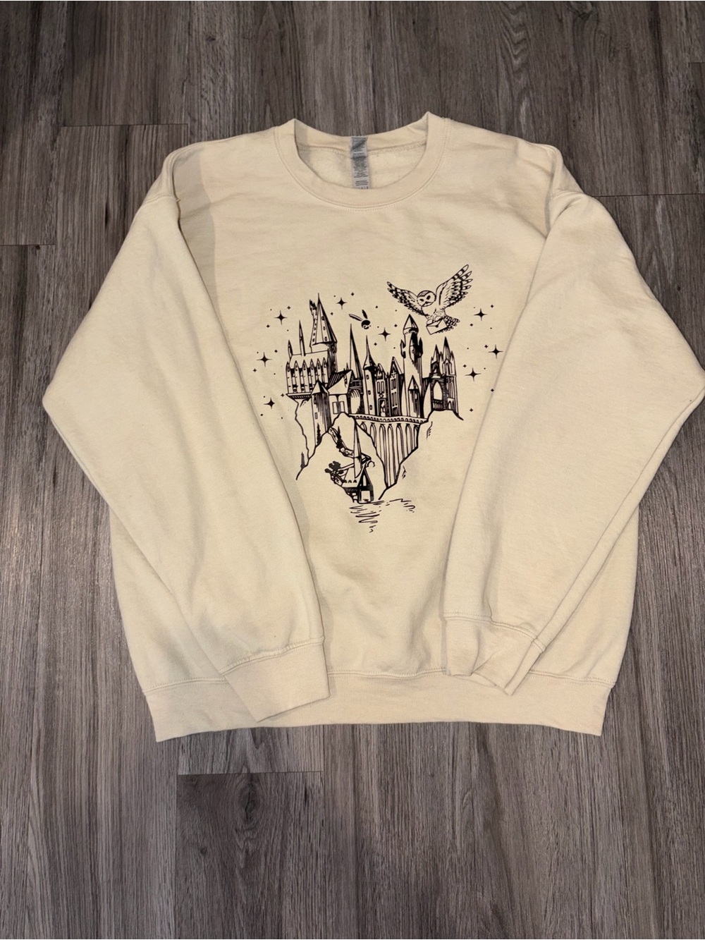 Gildan Cream Crewneck Sweater with Black Castle & Owl Graphic